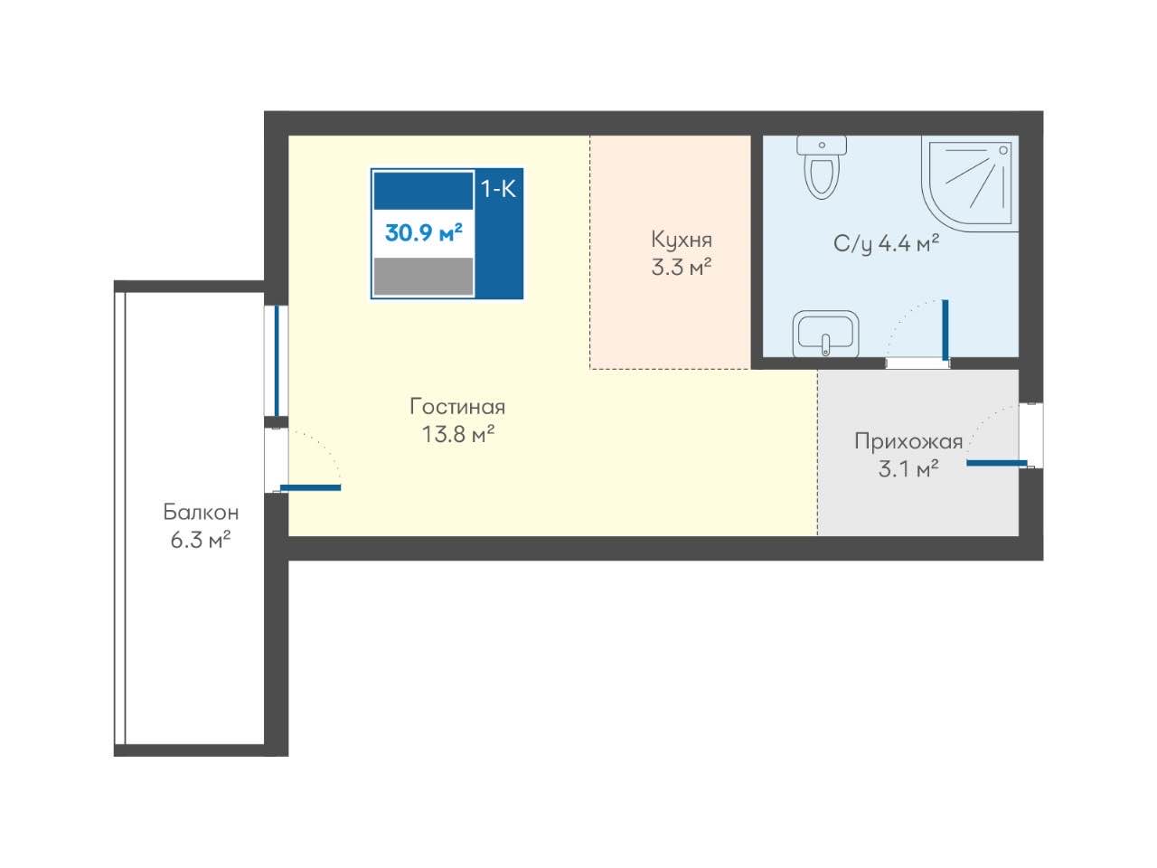 Планировка: Студия · 30,9 м²