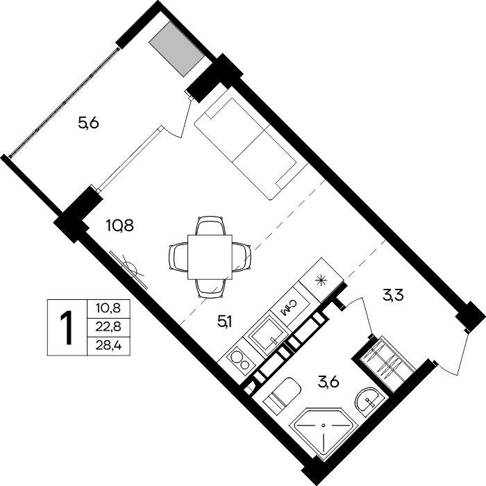 Планировка: 1-комнатная · 28,4 м²