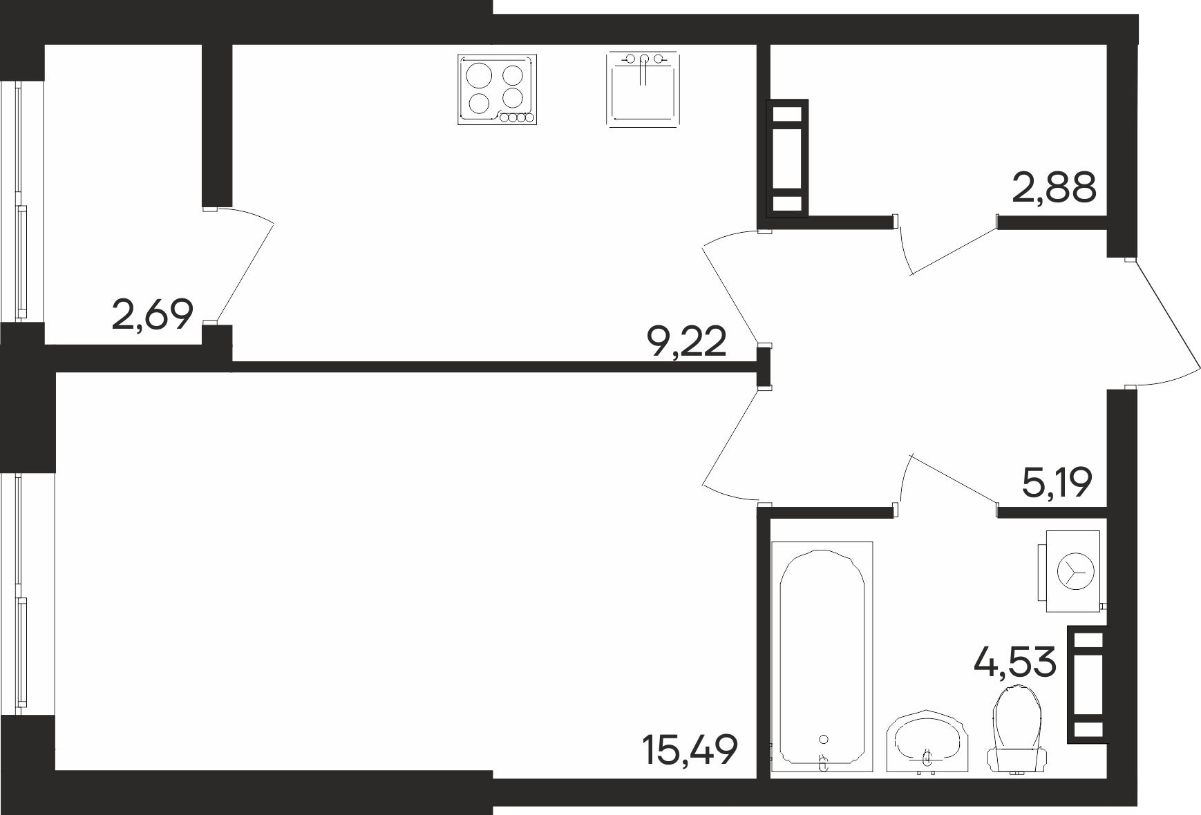 Планировка: 1-комнатная · 40 м²