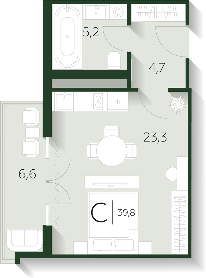 Планировка: 1-комнатная · 39,4 м²