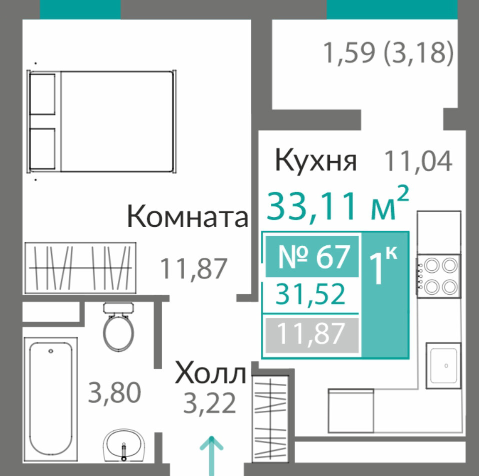 Планировка: 1-комнатная · 31,52 м²