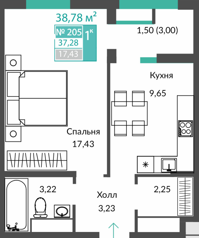 Планировка: 1-комнатная · 37,28 м²