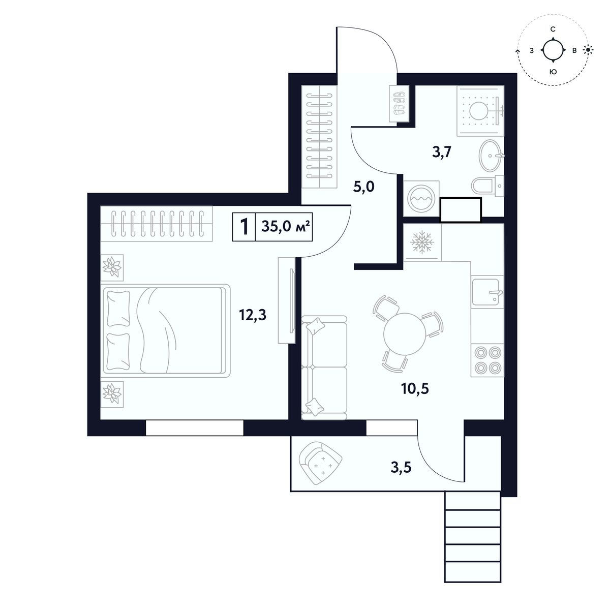 Планировка: Апартаменты · 32,88 м²