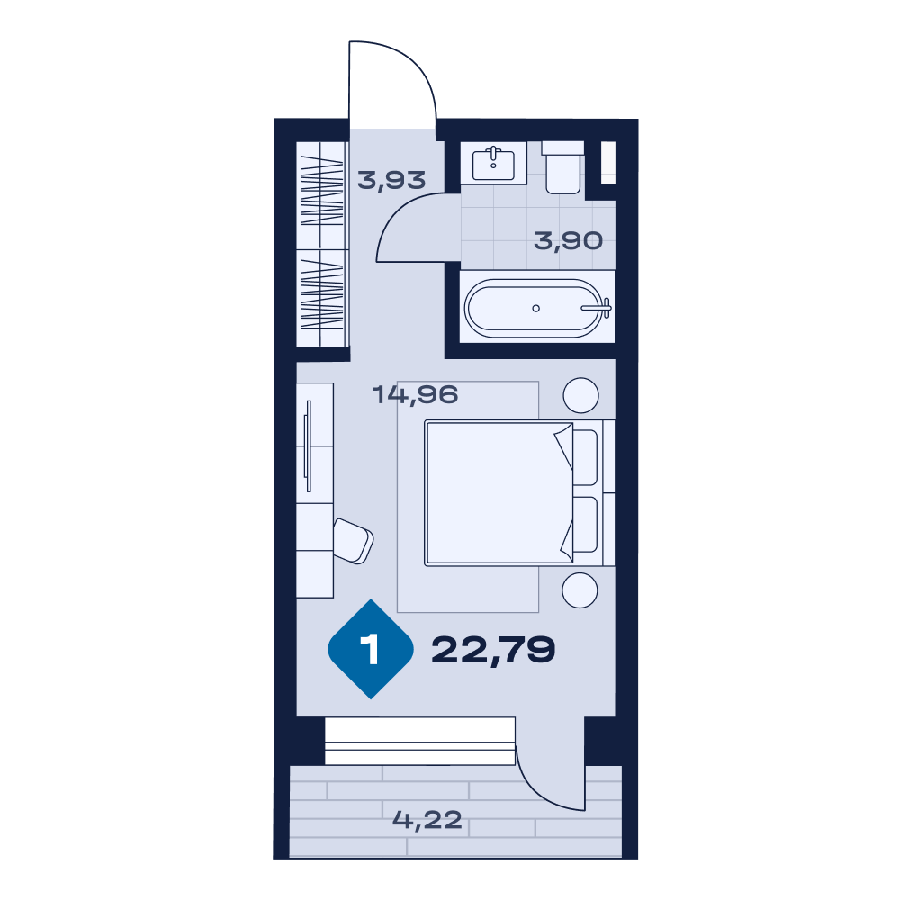 Планировка: 1-комнатная · 22,79 м²