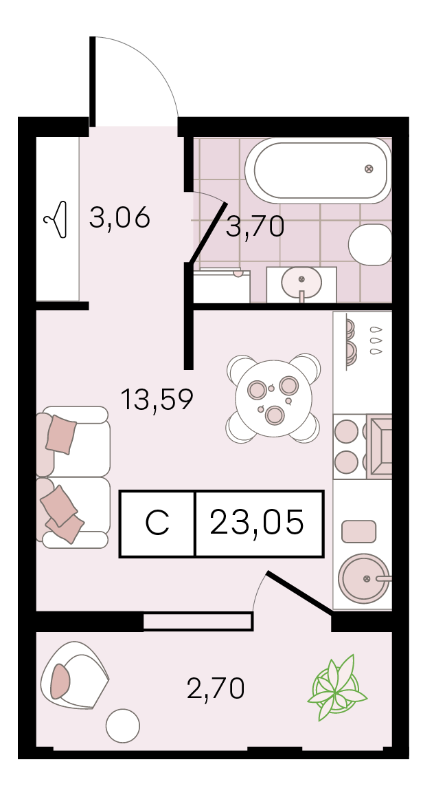 Планировка: Студия · 23,05 м²