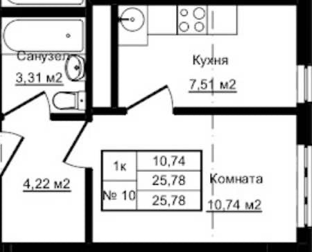 Планировка: 1-комнатная · 26 м²