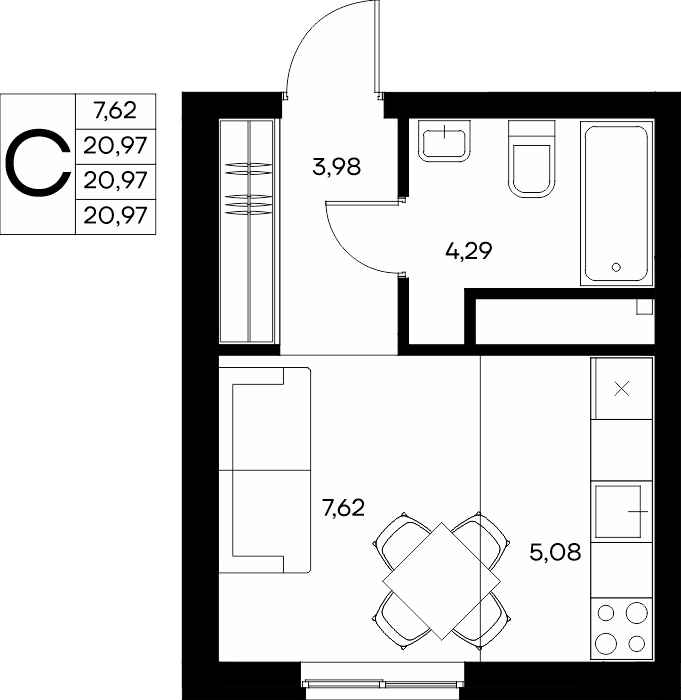 Планировка: Студия · 21,79 м²