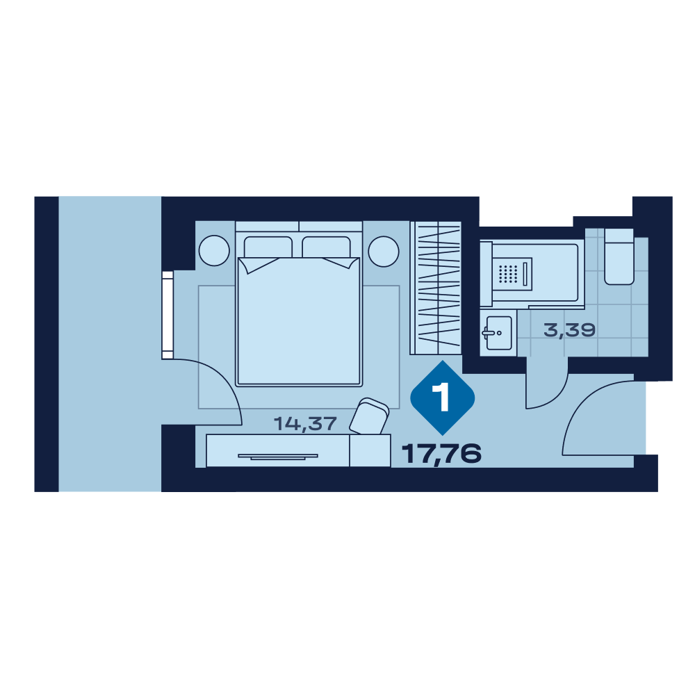 Планировка: 1-комнатная · 17,76 м²