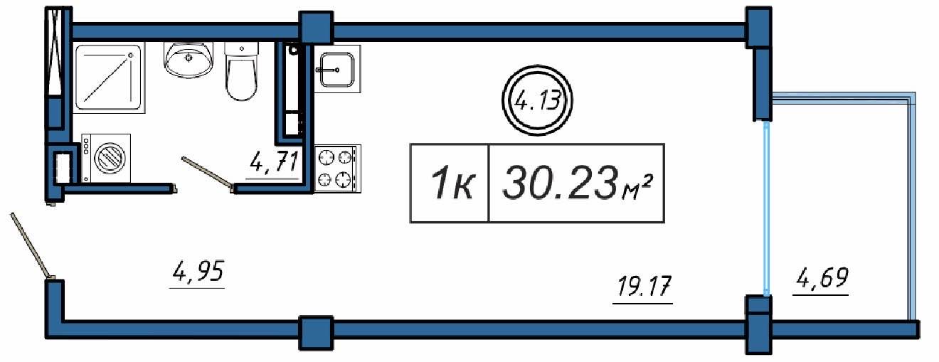 Планировка: 1-комнатная · 30,23 м²