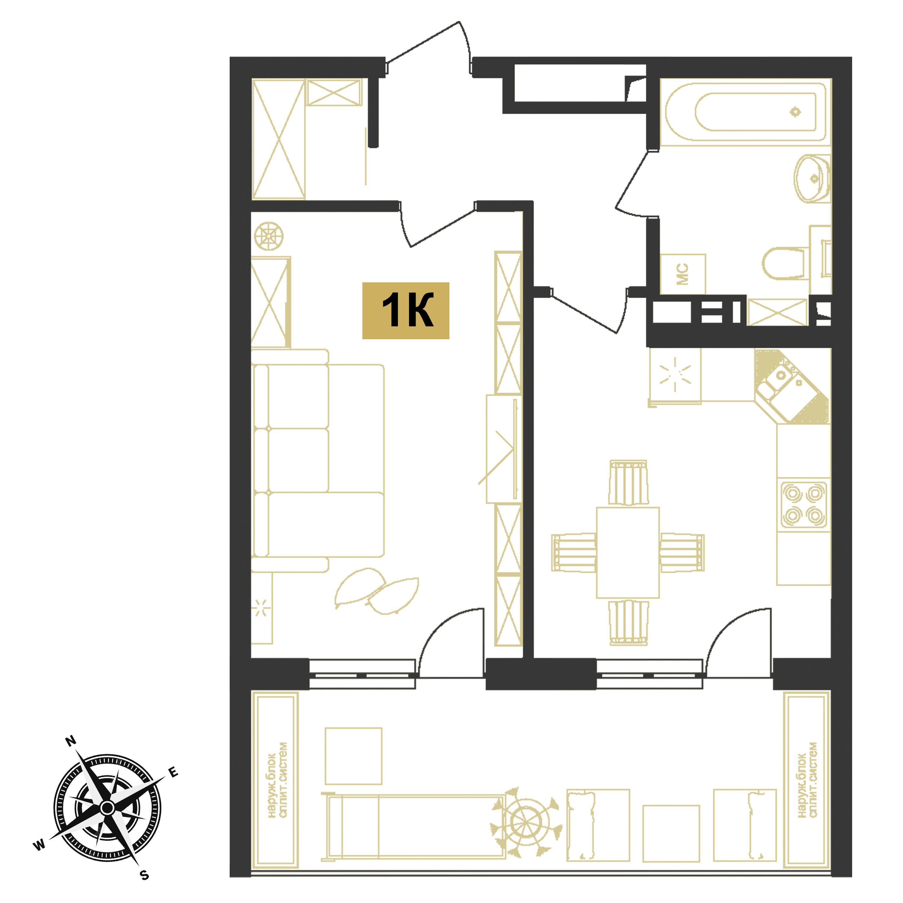 Планировка: 1-комнатная · 52 м²