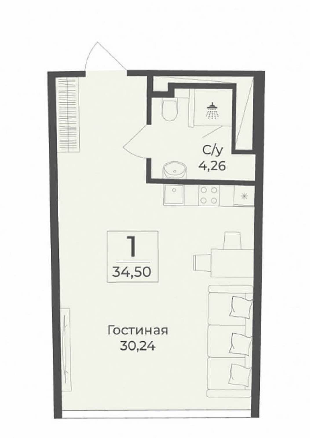 Планировка: 1-комнатная · 34,5 м²