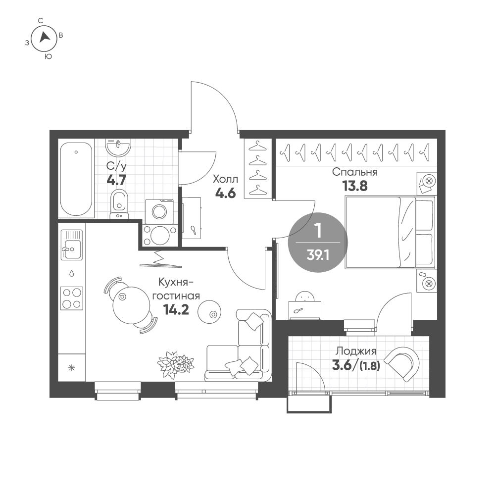 Планировка: 1-комнатная · 39,1 м²