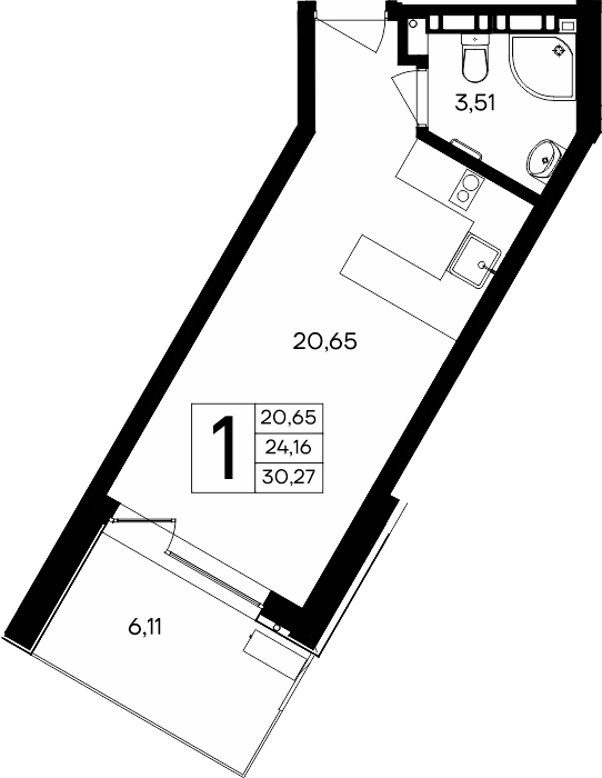 Планировка: 1-комнатная · 30,27 м²