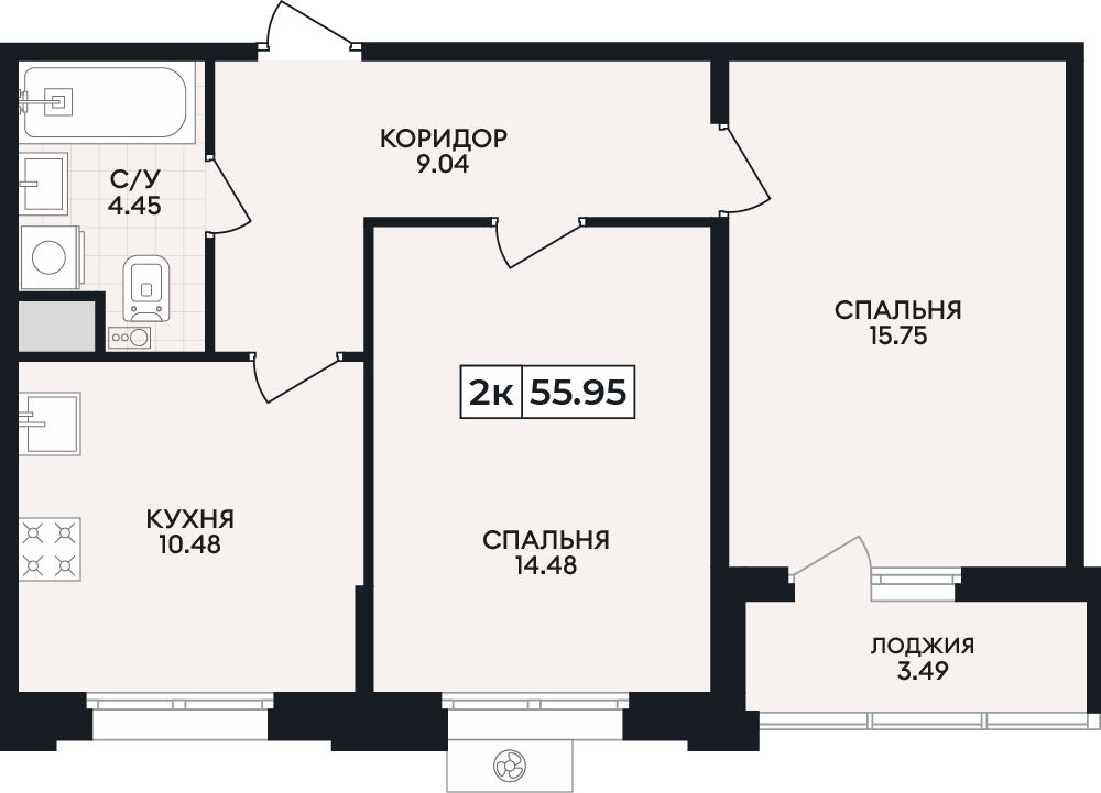Планировка: 2-комнатная · 55,95 м²