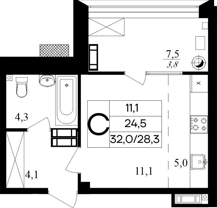 Планировка: Студия · 32 м²