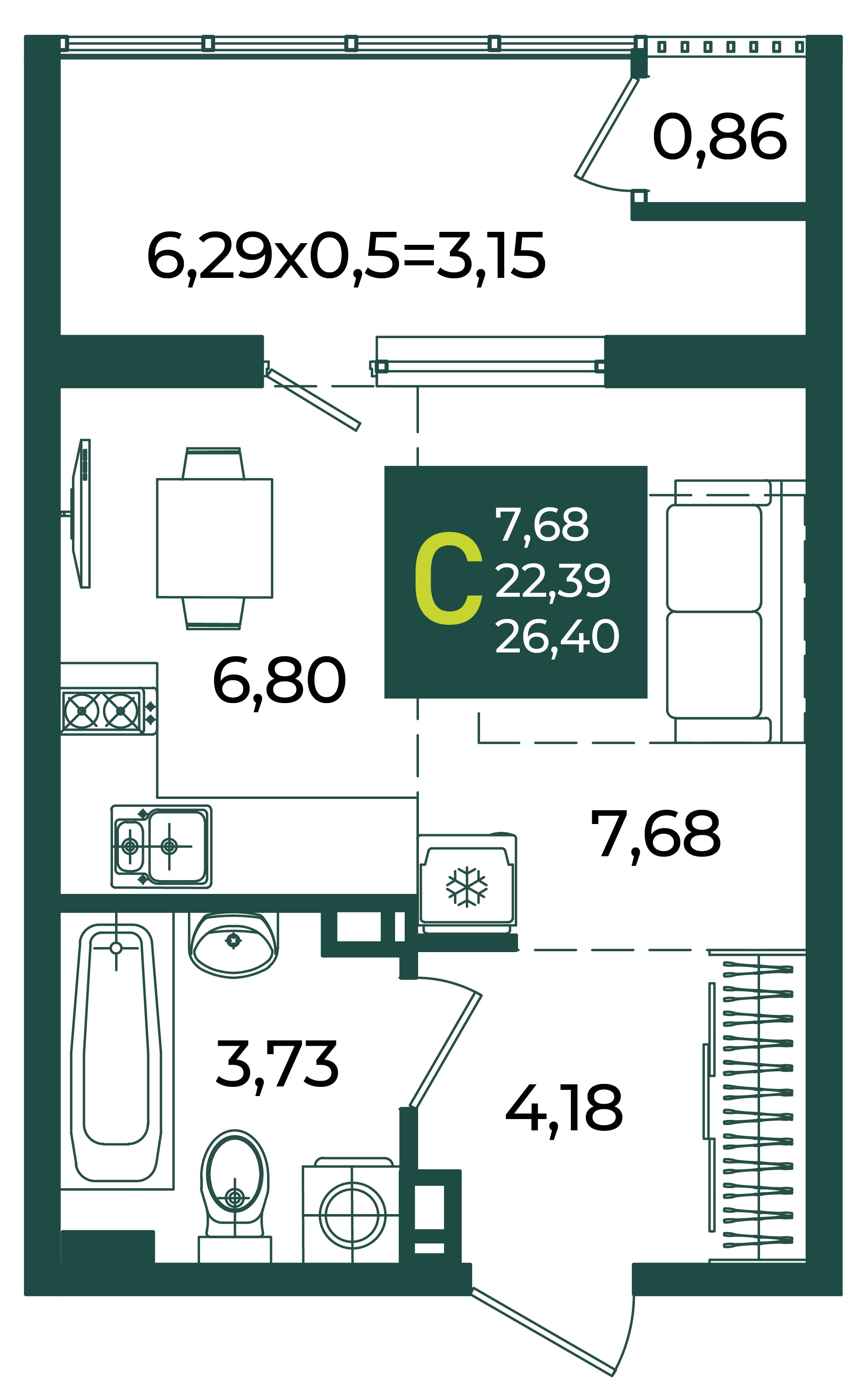 Планировка: Студия · 26,4 м²