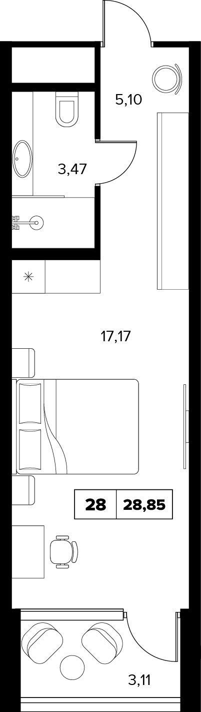 Планировка: 1-комнатная · 28,85 м²