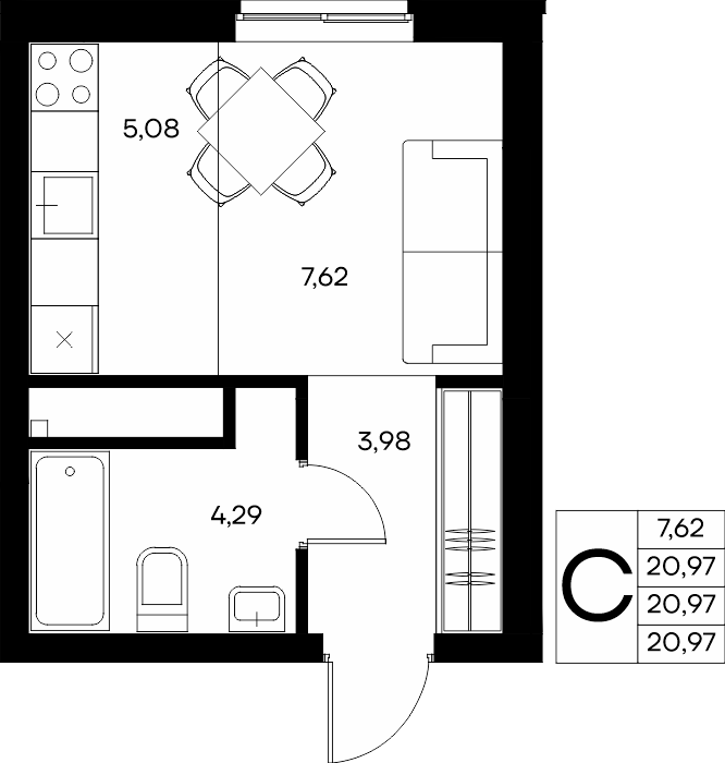 Планировка: Студия · 21,79 м²