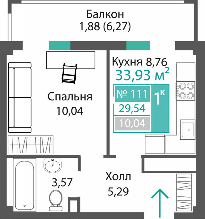 Планировка: 1-комнатная · 29,54 м²