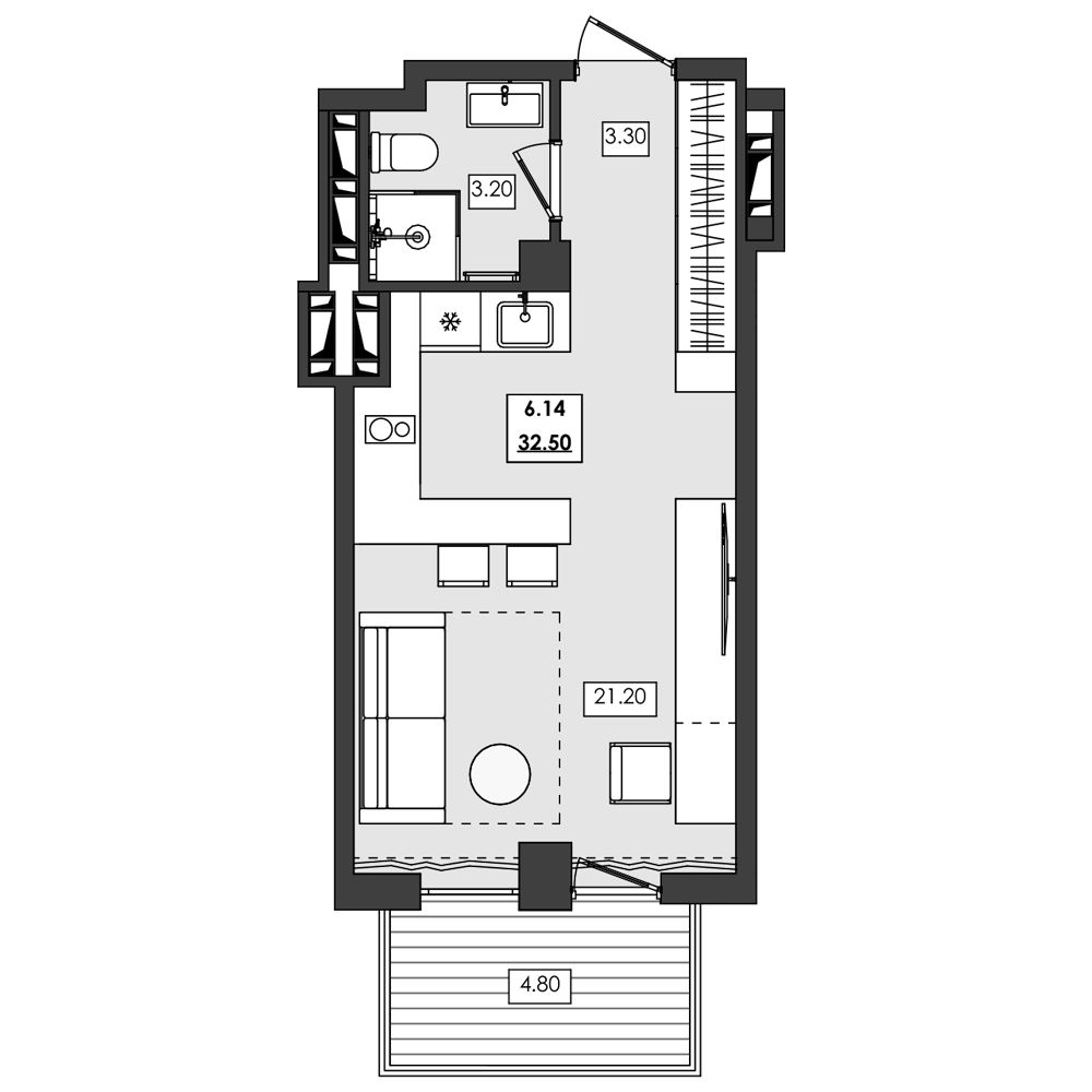 Планировка: Апартаменты · 32,5 м²
