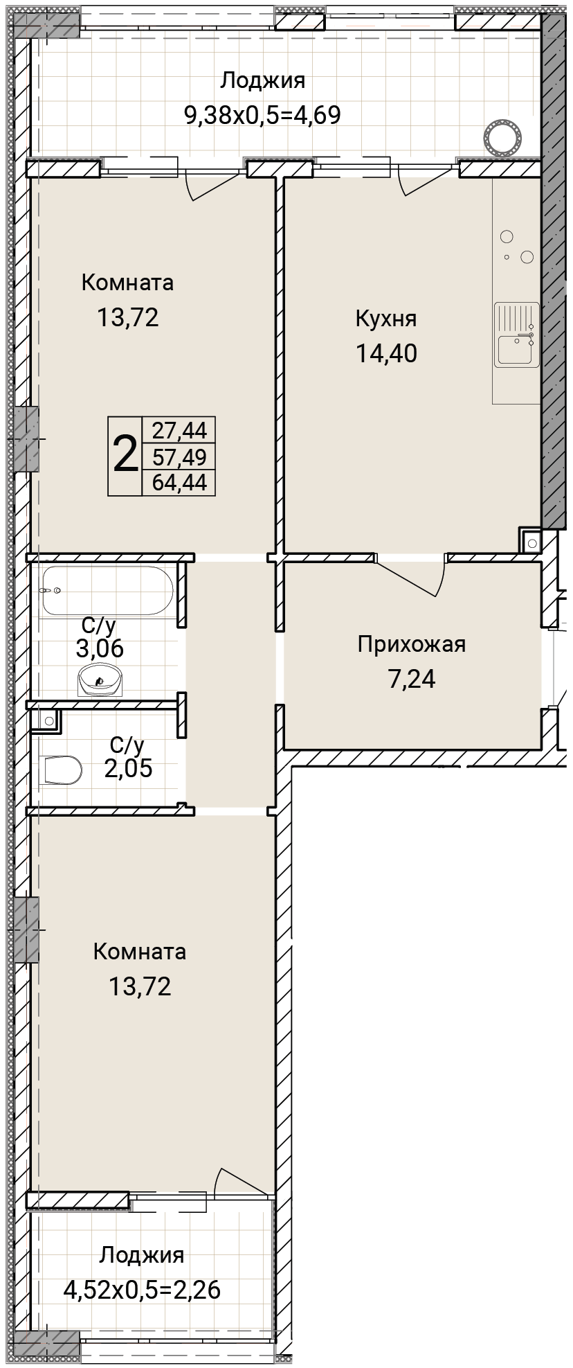 Планировка: 1-комнатная · 64,44 м²