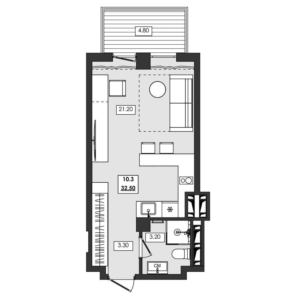Планировка: Апартаменты · 32,5 м²