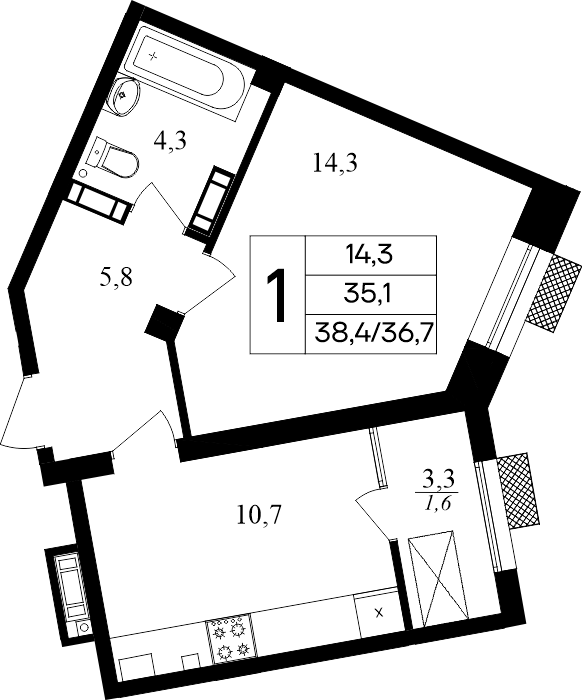 Планировка: 1-комнатная · 38,4 м²