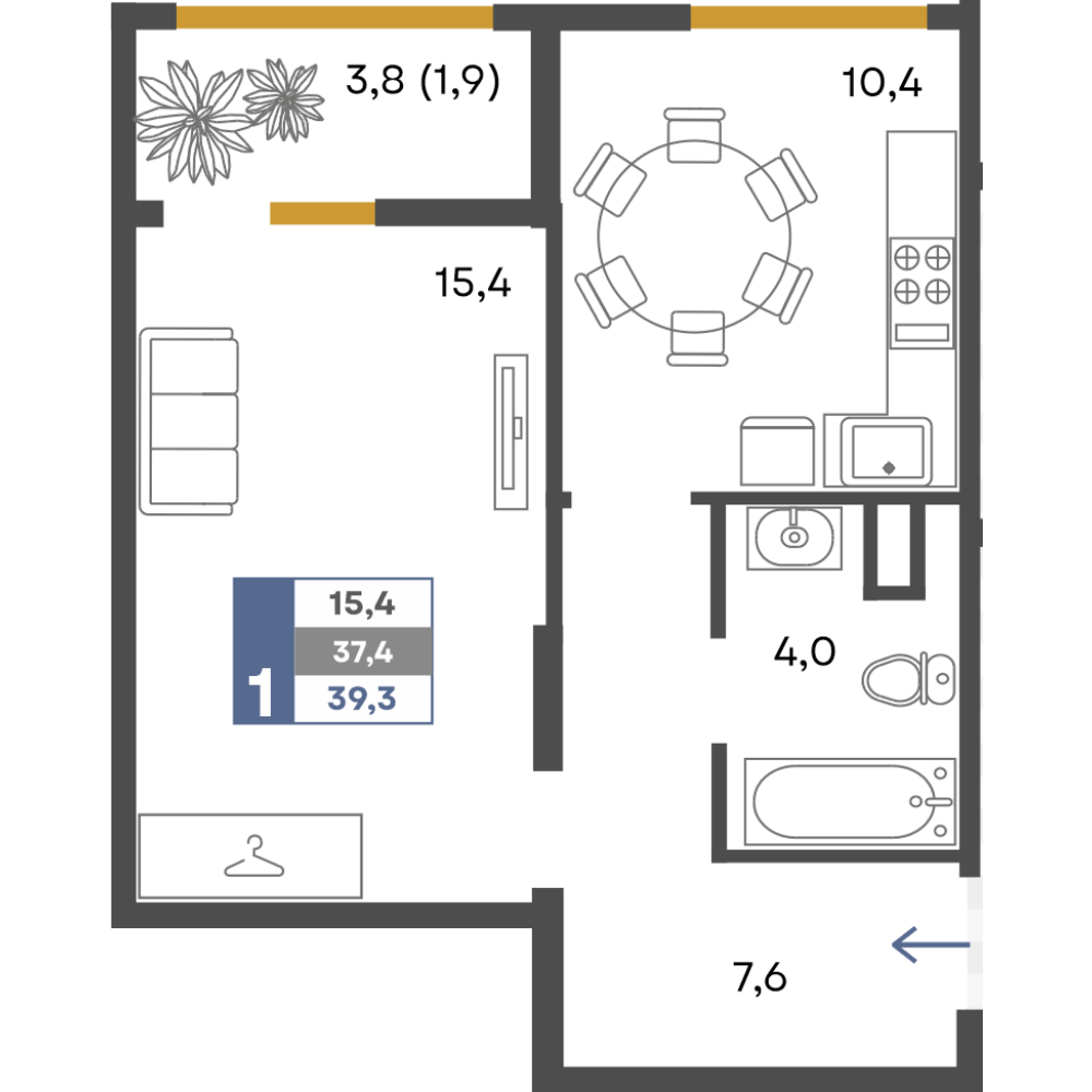 Планировка: 1-комнатная · 39,3 м²