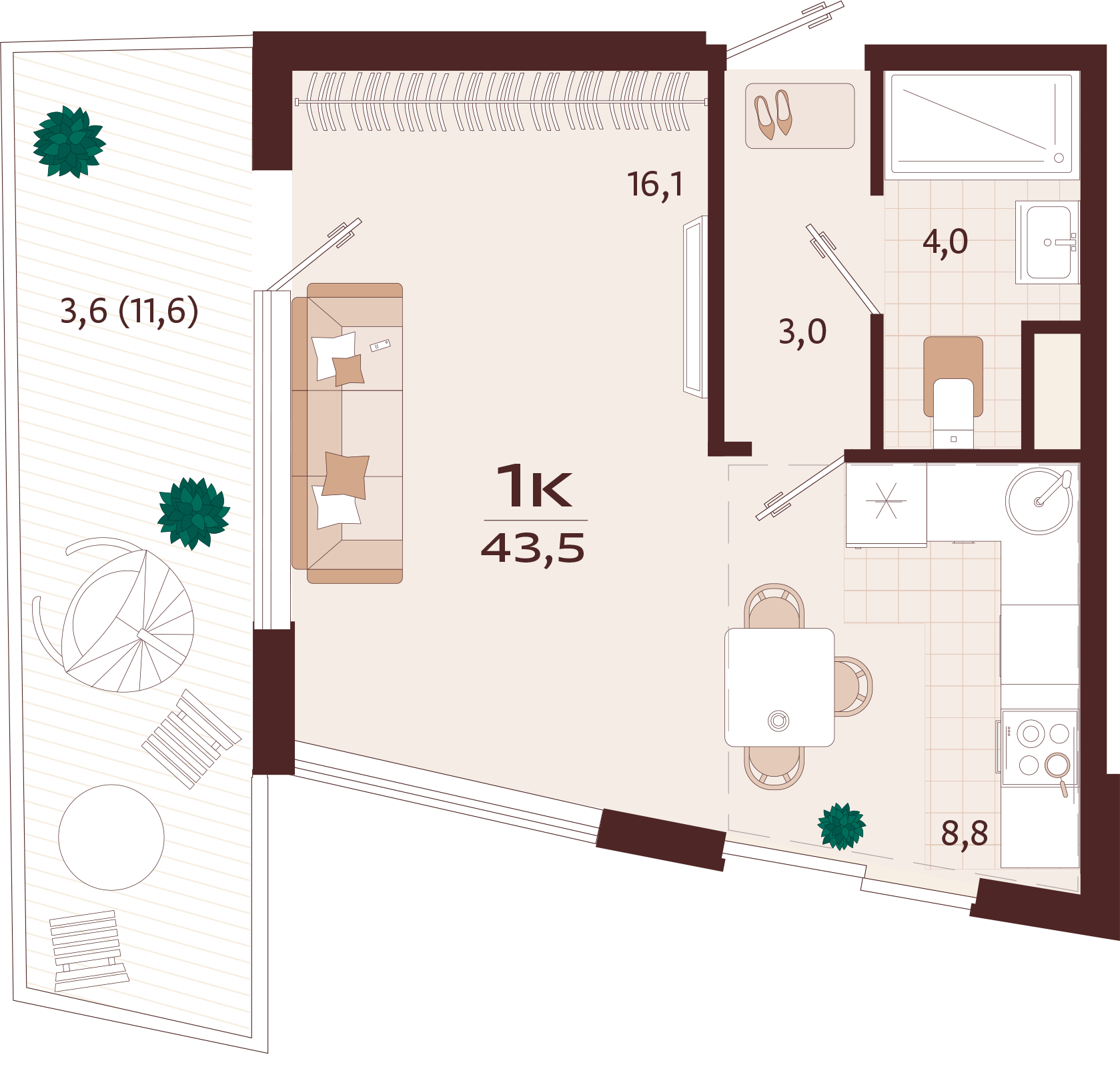 Планировка: 1-комнатная · 43,5 м²