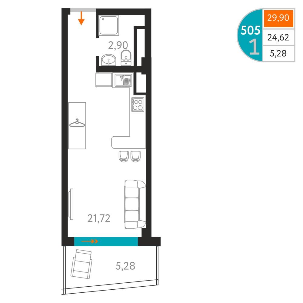 Планировка: Апартаменты · 29,9 м²