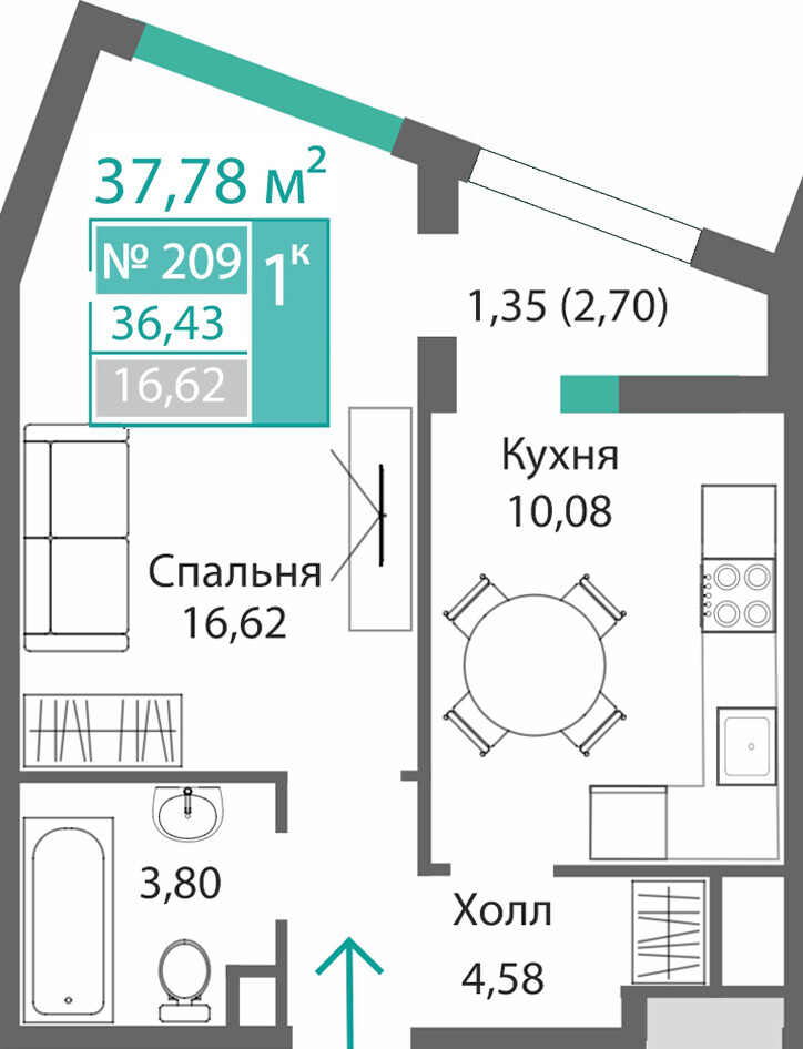Планировка: 1-комнатная · 36,43 м²