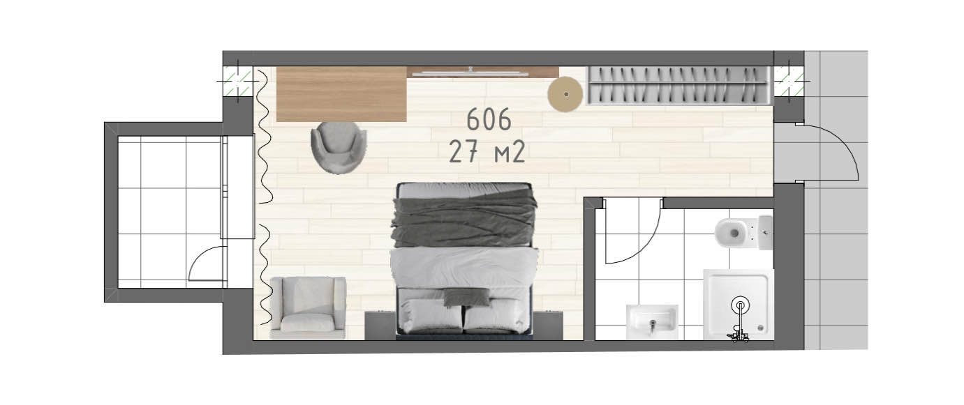 Планировка: Апартаменты · 27 м²