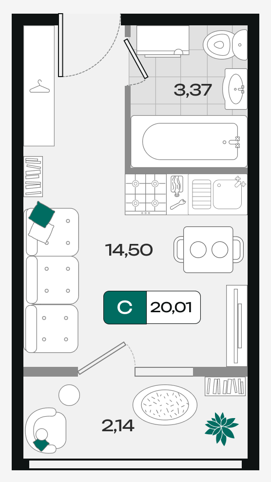 Планировка: Студия · 20,01 м²