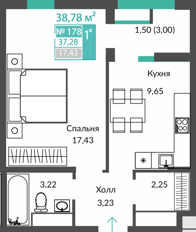 Планировка: 1-комнатная · 37,28 м²