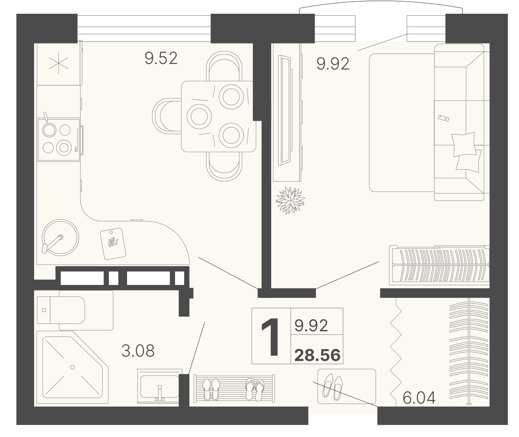 Планировка: 1-комнатная · 28,56 м²