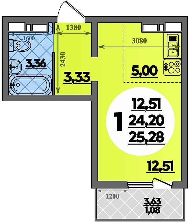 Планировка: Студия · 25,28 м²