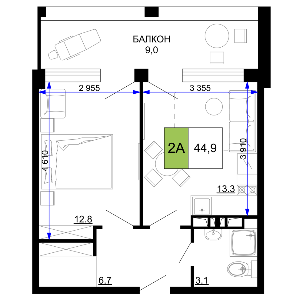 Планировка: 2-комнатная · 44,9 м²
