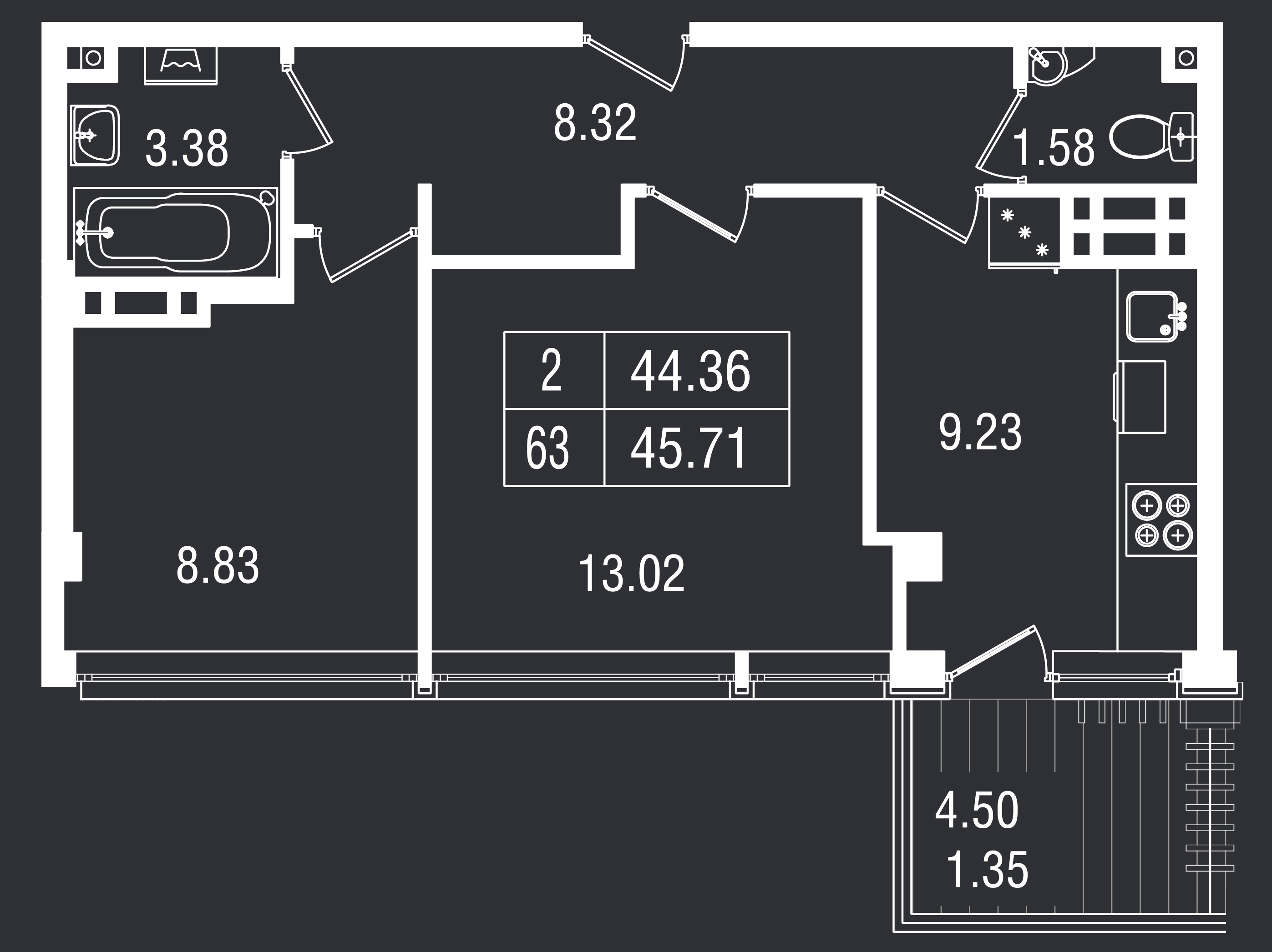 Планировка: 2-комнатная · 45,71 м²