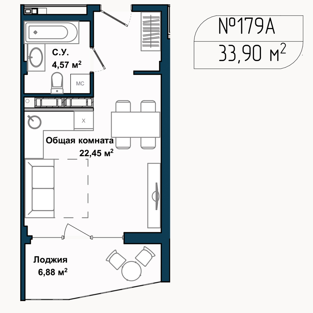 Планировка: Студия · 33,2 м²