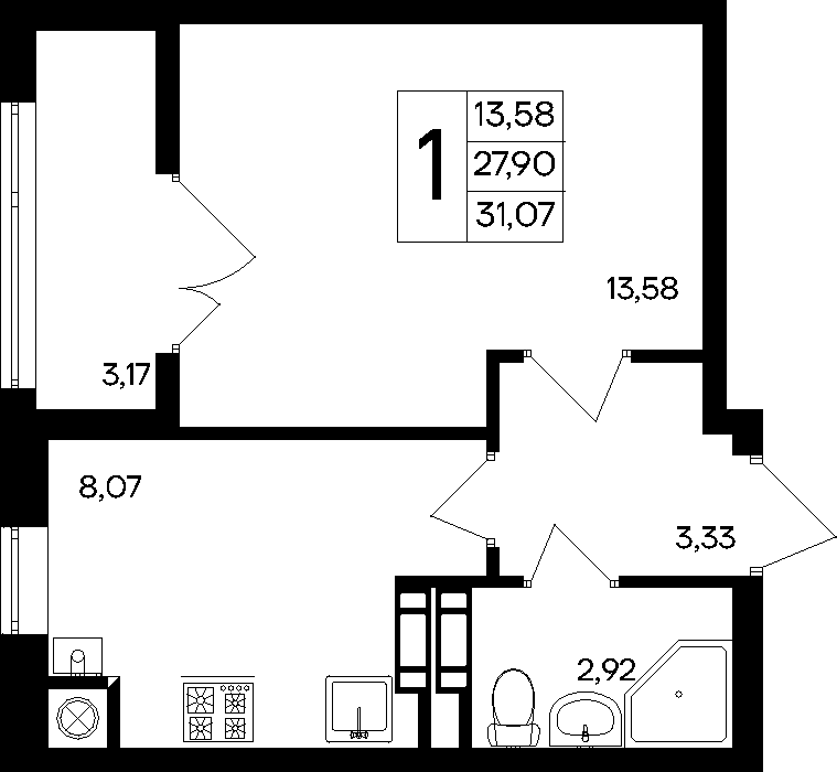 Планировка: 1-комнатная · 31,07 м²