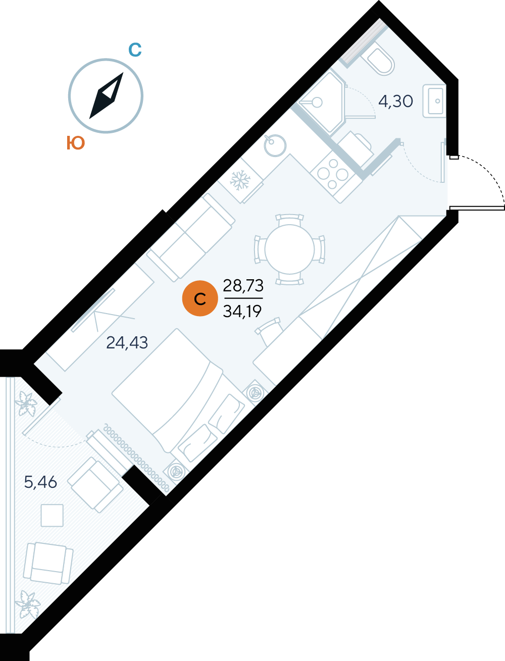Планировка: Студия · 34,19 м²