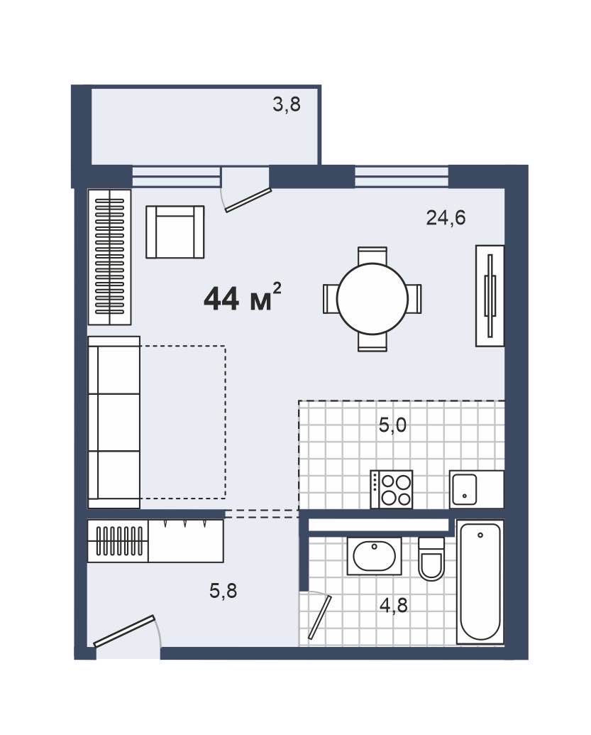 Планировка: 1-комнатная · 43,8 м²