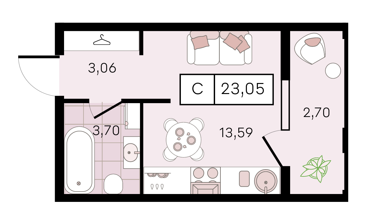 Планировка: Студия · 23,05 м²