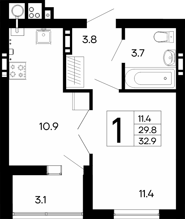 Планировка: 1-комнатная · 32,9 м²