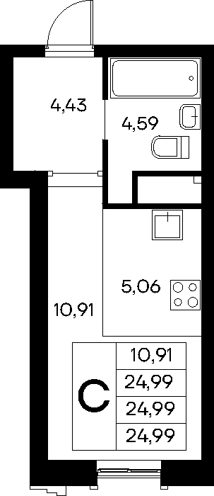 Планировка: Студия · 24,99 м²