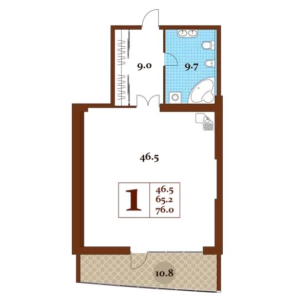 Планировка: 1-комнатная · 76 м²