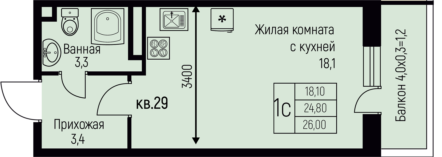 Планировка: Студия · 26 м²