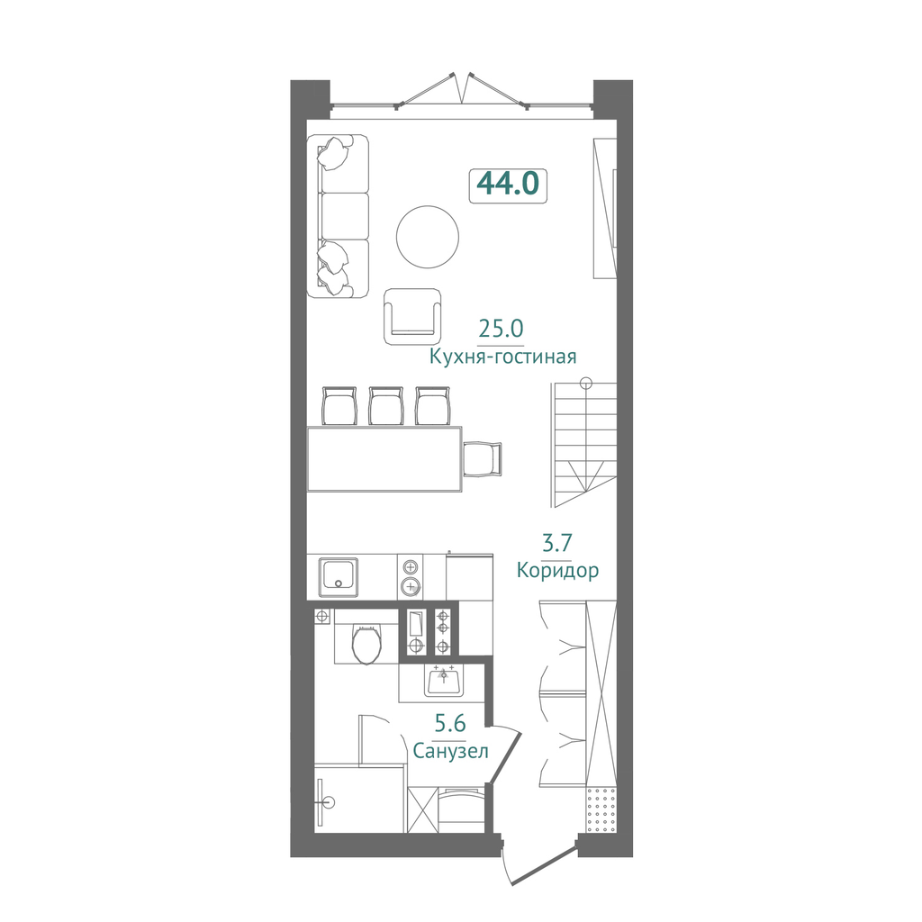 Планировка: Студия · 44 м²