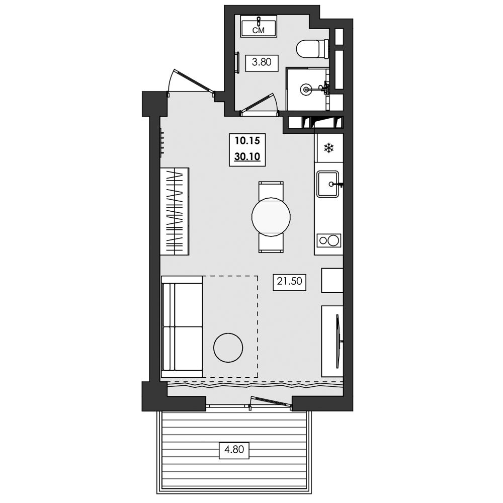 Планировка: Апартаменты · 30,1 м²