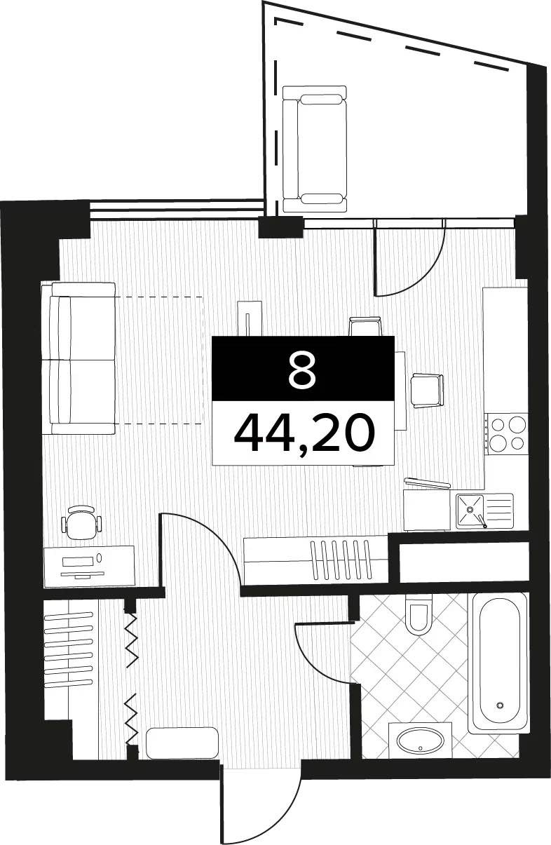 Планировка: 1-комнатная · 44,2 м²